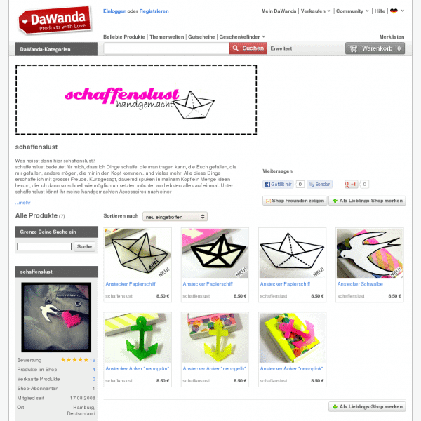 Screensho  de.dawanda.com/shop/schaffenslust