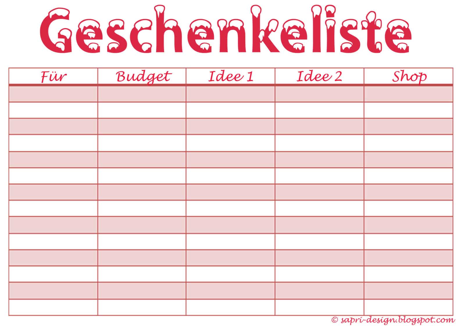 Geschenkeliste zum Ausdrucken