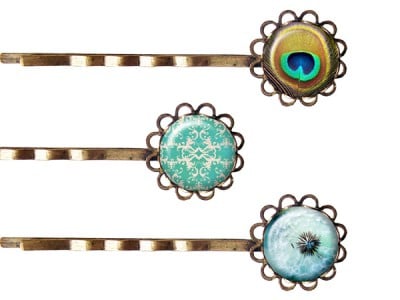 3 HAARKLEMMEN PUSTEBLUME + PFAU CABOCHON SHABBY 3 HAARKLEMMEN PUSTEBLUME + PFAU CABOCHON SHABBY