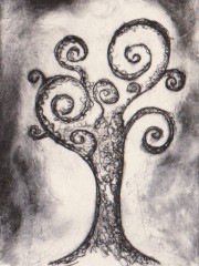 Künstlerisches Baumdesign mit spiralförmigen Zweigen, handgezeichnet in Schwarz-Weiß, symbolisiert Kreativität und Handwerkskunst, ideal für Handmade Kultur.