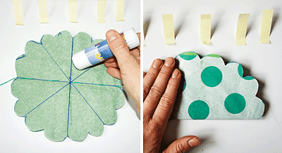 Zwei Bilder von DIY Wabenbällen und Pompoms, die mit Papier, Schere und Kleber hergestellt werden, ideal für kreative Bastelprojekte.