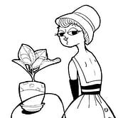 Illustration einer stilvollen jungen Frau mit Brille, Hut und Vintage-Kleidung, die eine kreative Handarbeit präsentiert, passend für Handmade Kultur und DIY-Designs.