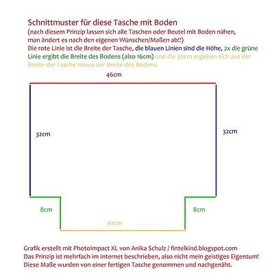 Grafik zeigt Schnittmuster für eine Papiertasche mit Boden, inklusive Maße und Farbcodierung für einfache Nachahmung und Herstellung.
