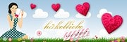 Illustration einer Frau beim Häkeln mit herzförmigen gehäkelten Herzen, bunter Blumenwiese und Wolken, symbolisiert kreative Handarbeit und Liebe zum Häkeln.