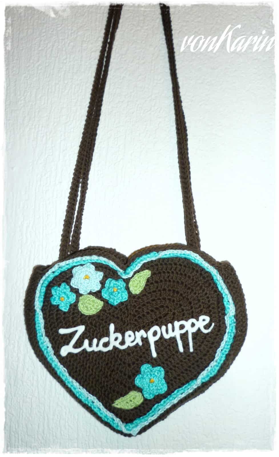 Gehäkelte Lebkuchenherz-Tasche für’s Dirndl
