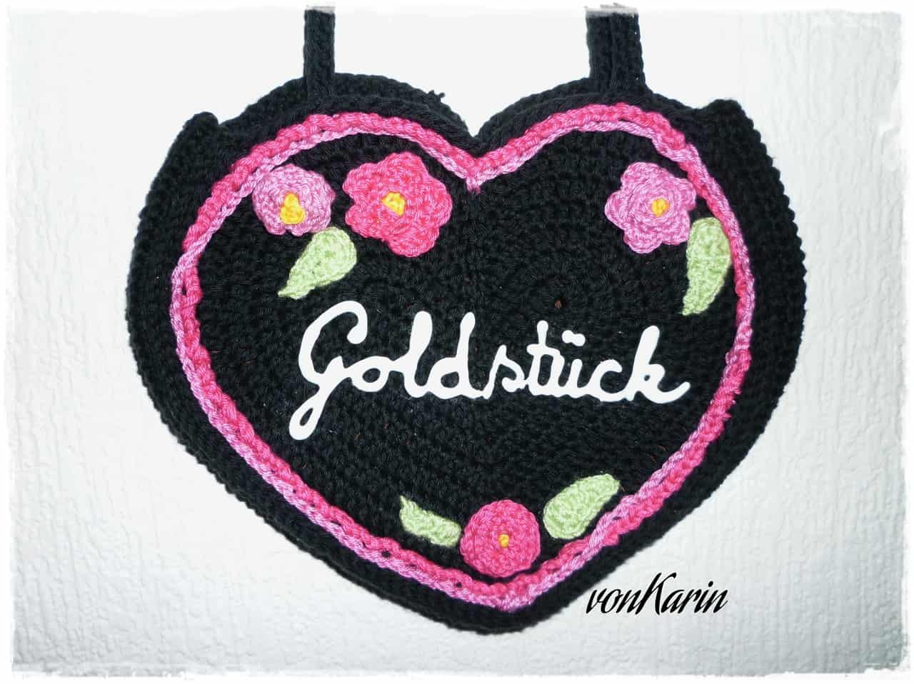 Gehäkelte Lebkuchenherz-Tasche für’s Dirndl