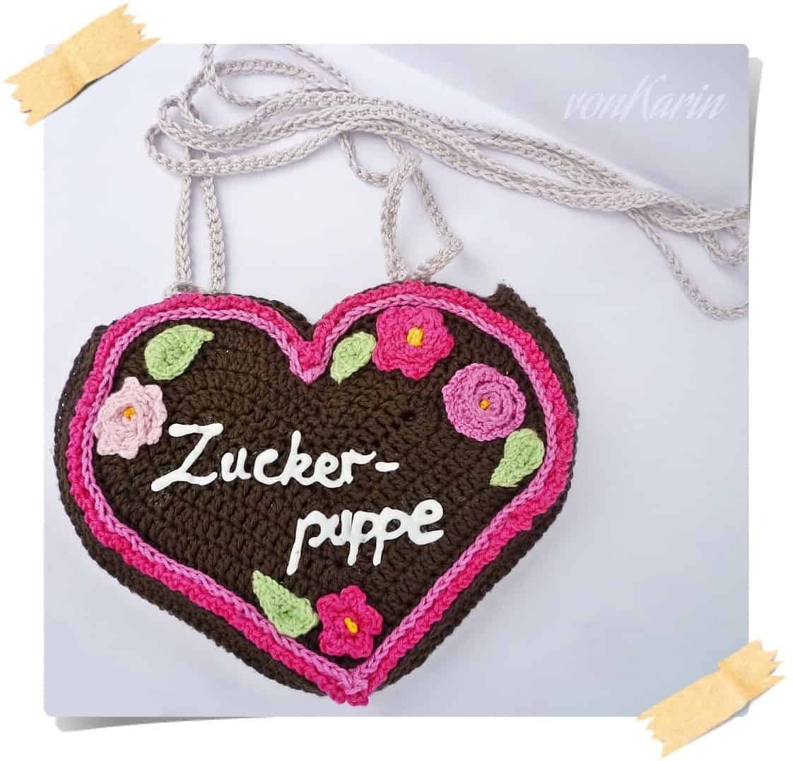 Gehäkelte Lebkuchenherz-Tasche für’s Dirndl