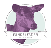 Logo von Funkelfaden, einem kreativen Handmade-Label aus Berlin, mit einem stilisierten lila Hirschkopf und Schriftzug, ideal für Handmade- und Kreativ-Content.