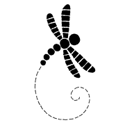 Schwarz-weiße Illustration einer stilisierten Drachenfigur mit detaillierten Flügeln und spiralförmigem Schwanz, symbolisiert Kreativität und Handwerkskunst.