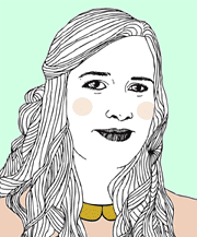 Illustration einer Frau mit langen, gewellten Haaren, dunklen Lippen und einem goldenen Halsband, symbolisiert kreative Handwerkskunst und DIY-Kultur.