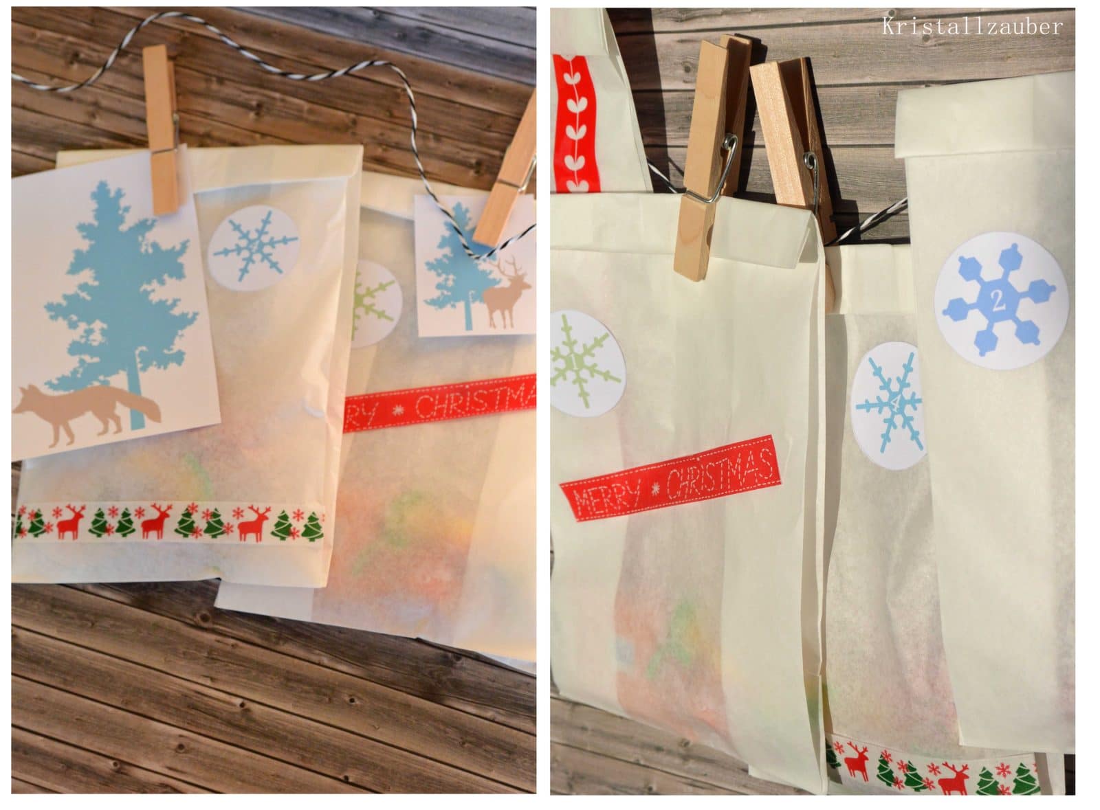 Adventskalender mit Tüten, Klebeband und Wäscheklammern + Freebie