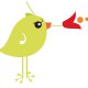 Kreative Vogelillustration mit rotem Schnabel, grüner Körperform und stilisierten Beinen, ideal für handgemachte Kunstprojekte und kreative Designs.
