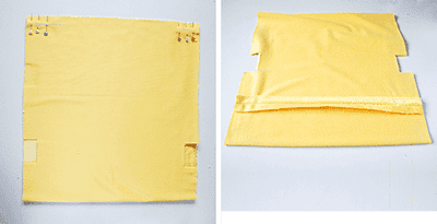 Gelbe Stoffe und Schnittmuster für die Herstellung von Kuschel-Bomben, geeignet für handgemachte Kuscheltiere und kreative Nähprojekte.