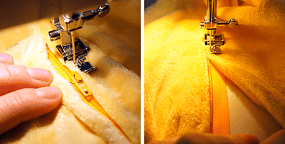 Nähen eines kuscheligen Stofftiers mit Reißverschluss, Handarbeit, Detailaufnahme, gelber Stoff, kreative Handwerkskunst, textile Herstellung, handgemacht, Kuscheltiere.