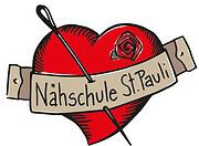 Herz mit Nadel und Rose, Banner mit Aufschrift Nähsule St. Pauli, Symbol für kreative Handarbeit und Nähkunst in Hamburg.