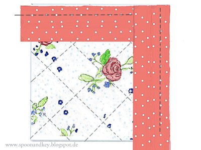 Selbstgenähte Topflappen mit Blumenmuster in rosa, grün und blau auf weißem Hintergrund, umrahmt von einer roten Polkadot-Naht, ideal für Küchenaccessoires.
