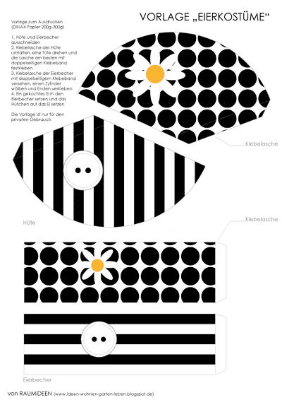 Kreatives Eierkostüm mit schwarz-weißen Mustern, einer Kiebelasche und einem Bäckerbecher, ideal für Ostern und Bastelprojekte.