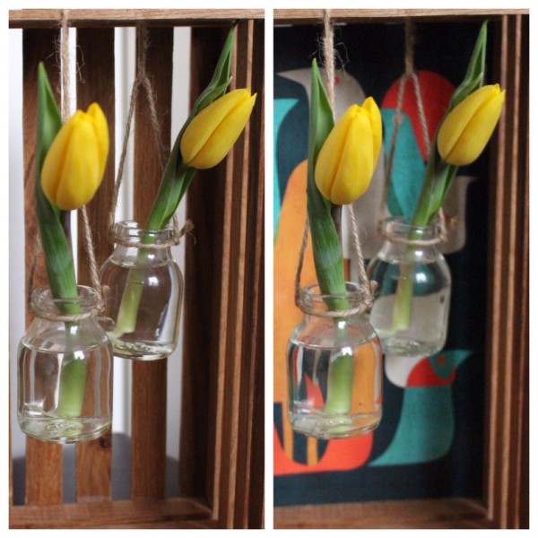 Frühlingsdeko: Vasen Mobile in Holzkiste