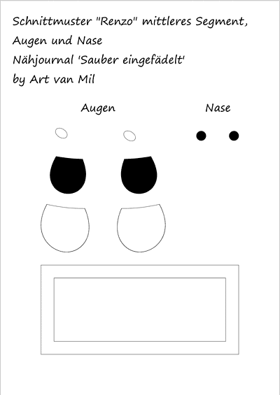 Schnittmuster für Renzo Regenwurm, mittleres Segment, mit Augen, Nase und Nähjournal, zum Kuscheln und Nähen, ideal für Handarbeit und Stoffreste.
