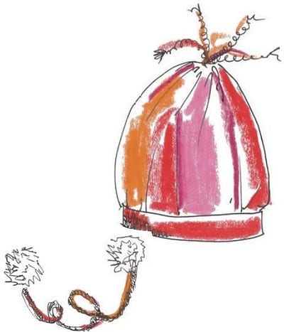 Kreative handgezeichnete Illustration einer bunten Mütze mit Bommel, passend zum Thema Mützen und Handarbeit bei Handmade Kultur.