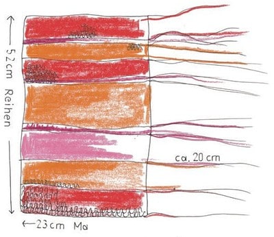 Handgezeichnete Skizze mit bunten Wollfäden in Rot, Orange, Pink und Beige, zeigt Maße 52 cm und 23 cm, geeignet für Mützen-Designs bei Handmade Kultur.