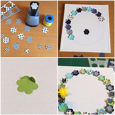 Bastelarbeit mit Papierblumen, die zu Blumenkränzen zusammengestellt werden, inklusive Stempel und Schneidewerkzeug für kreative Dekorationen.