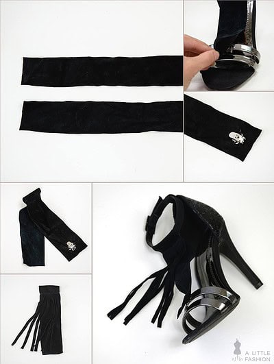 Schwarze Fransen-Stege mit silberner Verzierung, passend für Sandaletten, zum einfachen Anbringen und Entfernen, modisches Accessoire für sommerliche Schuhe.