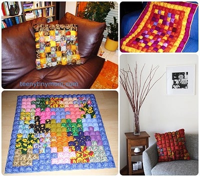 Verschiedene handgefertigte Patchwork-Kissen und Decken in bunten Mustern und Farben, ideal für gemütliche Wohnräume, hergestellt aus recycelten Stoffen.