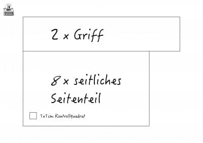 Skizze zum Nähen eines Koffers mit Griffen und Seitenteilen, inklusive Kontrollquadrat für Maße, für DIY-Nähprojekte.