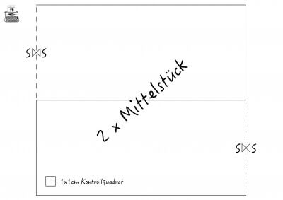 Anleitung zum Nähen eines kleinen Koffers mit Schnittmuster und Kontrollquadrat für Maßgenauigkeit.