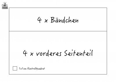 Skizze für das Nähen eines Koffers mit vier Bändern und Vorderseite, inklusive Kontrollquadrat für Maßangaben, für DIY-Handwerksprojekte.