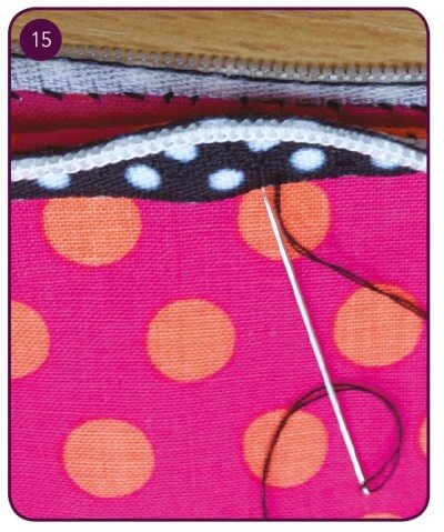 Bunte Pop Art Dokumenten-Mäppchen mit Reißverschluss, Polka Dots Muster und Nähnadel mit schwarzem Faden, ideal für kreative Aufbewahrung und Organisation.