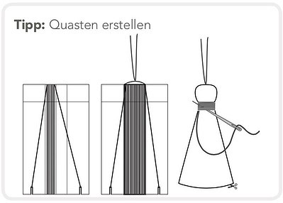 Schritt-für-Schritt-Anleitung zum Erstellen von Quasten mit verschiedenen Techniken, inklusive Fadenführung und Knotentechniken.
