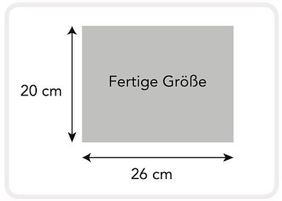 Grafik mit Maßen 26 cm Breite und 20 cm Höhe, zeigt die fertige Größe einer Tablet-Hülle, ideal für handgemachte Produkte.