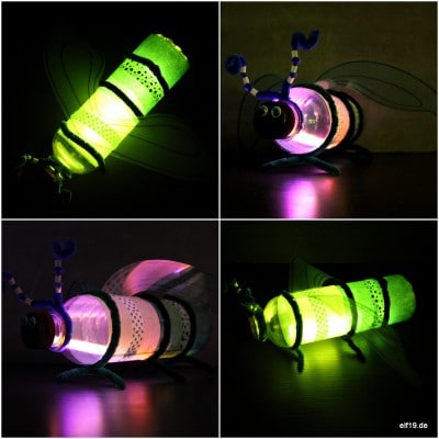 Kreatives upcycling von Flaschen zu leuchtenden Glühwürmchen mit LED-Lichtern und Dekor-Elementen, ideal für nachhaltige Bastelprojekte.