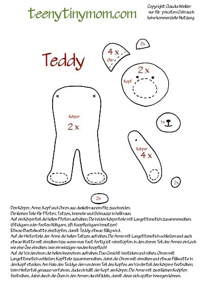 Anleitung zum Nähen eines kleinen Teddys mit Schnittmustern für Körper, Kopf, Arme und Beine, inklusive Stoff- und Knopfdetails, ideal für Handarbeit und kreative Bastelprojekte.