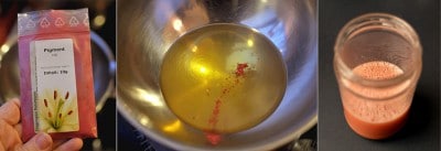 Shea-Butter-Pigment, geschmolzene Shea-Butter in Schüssel, fertige Shea-Butter-Creme im Glas, handgemachte Pflegeprodukte, DIY Shea-Whip, natürliche Hautpflege.