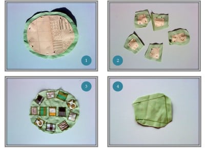 Stoffreste werden zu einer handgefertigten Schildkröte zusammengenäht, kreative Upcycling-Deko aus Textilresten für nachhaltiges Basteln.