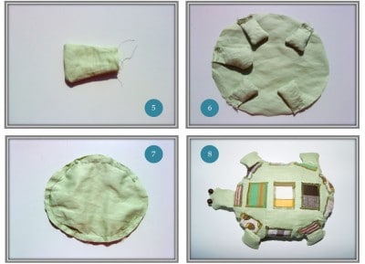 Handgefertigte Schildkröte aus Stoffresten mit kleinen Beinen, Kopf und Schwanz, detailreiche Näharbeit, kreative Upcycling-Deko für Kinderzimmer oder Bastelprojekte.