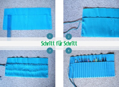 Anleitung zum Nähen eines Stifte-Beutels mit vier Fotos, zeigt Material, Schnitt, Nähen und fertigen Beutel, für kreative Nähprojekte und Handarbeit.