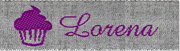 Handgemachtes Logo mit einer lilafarbenen Cupcake-Grafik und dem Schriftzug Lorena, ideal für kreative und handgefertigte Produkte.