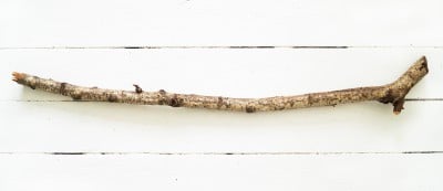 Langer, dünner Ast mit Rinde, ideal für kreative Wandgestaltung oder DIY-Projekte, präsentiert auf weißem Holzuntergrund.