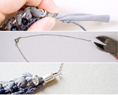 Handgefertigte gehäkelte Statement-Kette mit Perlen und Metallakzenten, perfekt für modische Akzente und individuelle Styles.