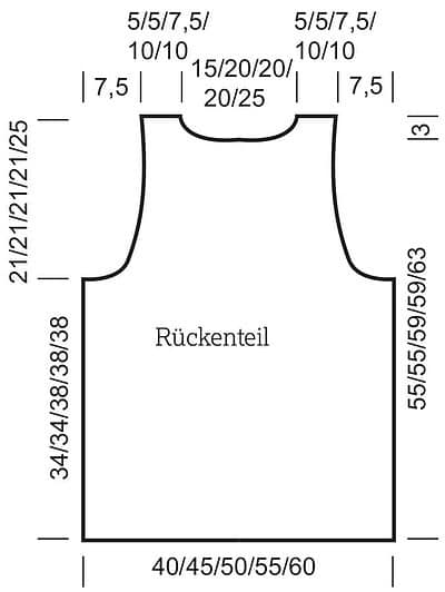 Detailliertes Schnittmuster einer Häkeljacke in Leinen mit genauen Maßen für die Herstellung, inklusive Rücken- und Armausschnitt. Perfekt für DIY-Modeprojekte.