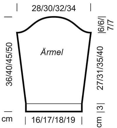 Detailliertes Schnittmuster für eine Mädchenjacke mit Arm- und Saummaßen, ideal für handgemachte Kinderbekleidung, zeigt Maße für verschiedene Größen.