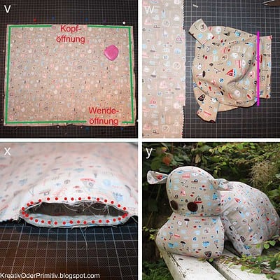Selbstgenähtes Nilpferdkissen aus buntem Stoff mit Meerestieren, detailreiche Näharbeit, ideal für Nähprojekte und Kinderzimmerdekoration.