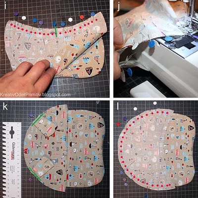 Schritt-für-Schritt Nähanleitung für ein Nilpferdkissen mit buntem Stoff, Nadel, Faden und Schnittmuster, geeignet für Handarbeit und DIY-Projekte.