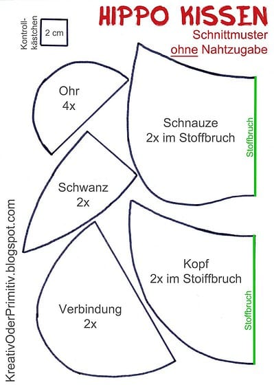 Nähanleitung für ein Nilpferdkissen, zeigt Schnittmusterteile wie Ohr, Schnauze, Schwanz, Kopf und Verbindung, ohne Nahtzugabe, für handgemachte Stofftiere.