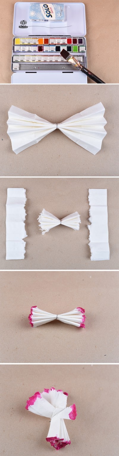 Anleitung zur Herstellung von Papierblumen aus Tempo-Taschentüchern mit Wasserfarben, Papierstreifen und Färbung für kreative Dekorationen.