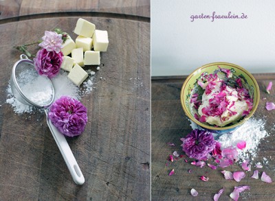 Rosenblütenbutter mit Rosenblüten, Zuckerwürfeln und Blütenblättern, dekorativ präsentiert für kreative Küchenideen.
